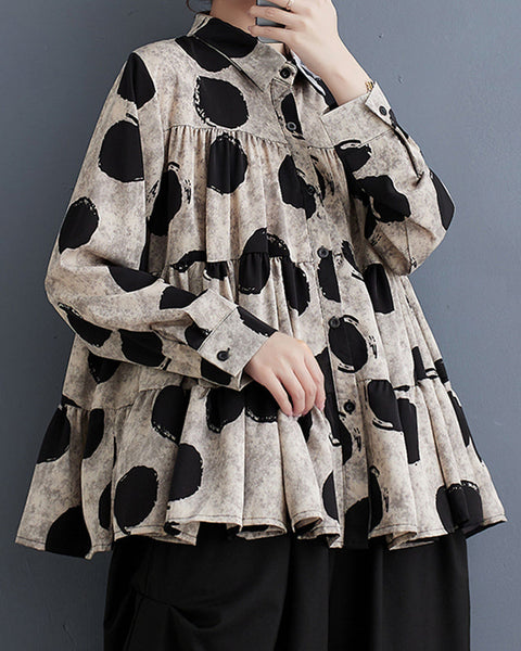 ellazhu Women's Casual Button Down Flowy Hem Polka Dot Oversized Shirt GZ129