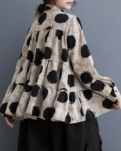 ellazhu Women's Casual Button Down Flowy Hem Polka Dot Oversized Shirt GZ129