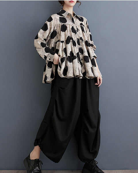 ellazhu Women's Casual Button Down Flowy Hem Polka Dot Oversized Shirt GZ129