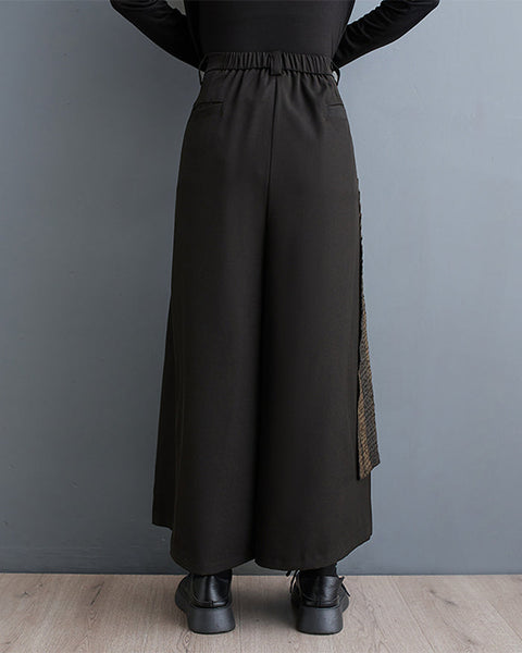 ellazhu Women's Elastic Waist Solid Color Patchwork Wide Leg Harem Skirt Pants GZ137