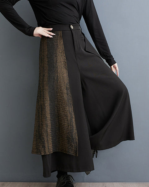 ellazhu Women's Elastic Waist Solid Color Patchwork Wide Leg Harem Skirt Pants GZ137