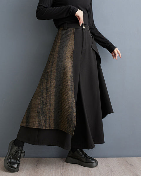 ellazhu Women's Elastic Waist Solid Color Patchwork Wide Leg Harem Skirt Pants GZ137