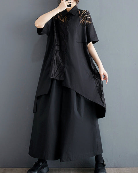 ellazhu Women's Short Sleeves High Low Irregular Hem Lace Patchwork Shirt Dress GZ168 Black