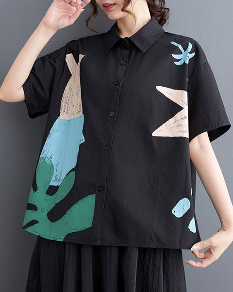 ellazhu Women's Short Sleeves Floral Print Button Down Shirt T-Shirt GZ189