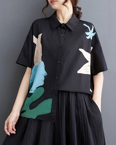 ellazhu Women's Short Sleeves Floral Print Button Down Shirt T-Shirt GZ189