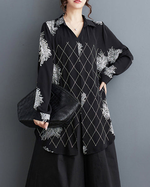 ellazhu Women's Long Sleeves Floral Print V-Neck Side Slit Shirt T-Shirt GZ193