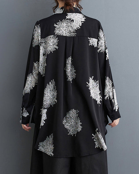 ellazhu Women's Long Sleeves Floral Print V-Neck Side Slit Shirt T-Shirt GZ193