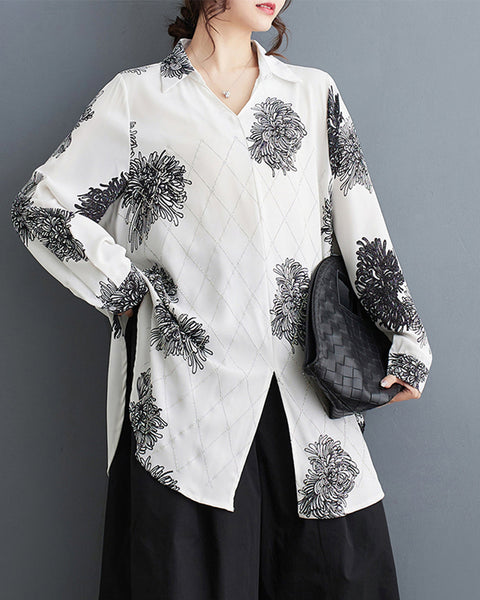 ellazhu Women's Long Sleeves Floral Print V-Neck Side Slit Shirt T-Shirt GZ193