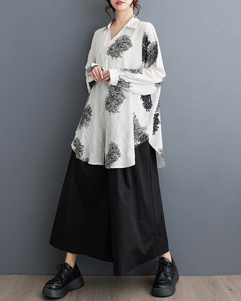 ellazhu Women's Long Sleeves Floral Print V-Neck Side Slit Shirt T-Shirt GZ193