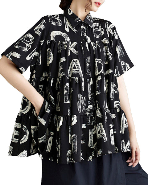ellazhu Black Blouses for Women Mutiple Letter Button Down Lapel Shirt GZ199