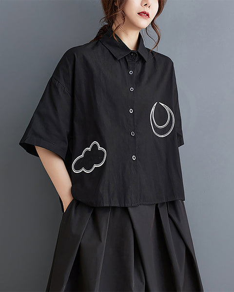 ellazhu Women's Shirt Lapel Button Down Moon Pattern Half Sleeve Loose Oversize Blouse Fall GZ250