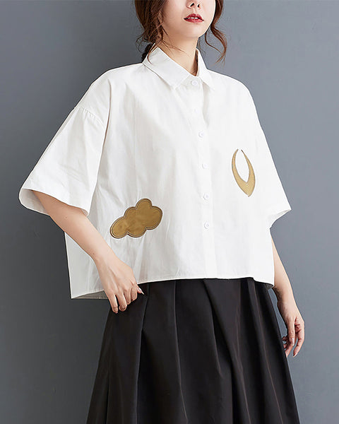 ellazhu Women's Shirt Lapel Button Down Moon Pattern Half Sleeve Loose Oversize Blouse Fall GZ250
