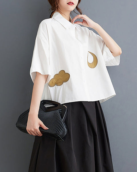 ellazhu Women's Shirt Lapel Button Down Moon Pattern Half Sleeve Loose Oversize Blouse Fall GZ250