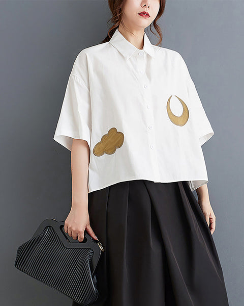 ellazhu Women's Shirt Lapel Button Down Moon Pattern Half Sleeve Loose Oversize Blouse Fall GZ250