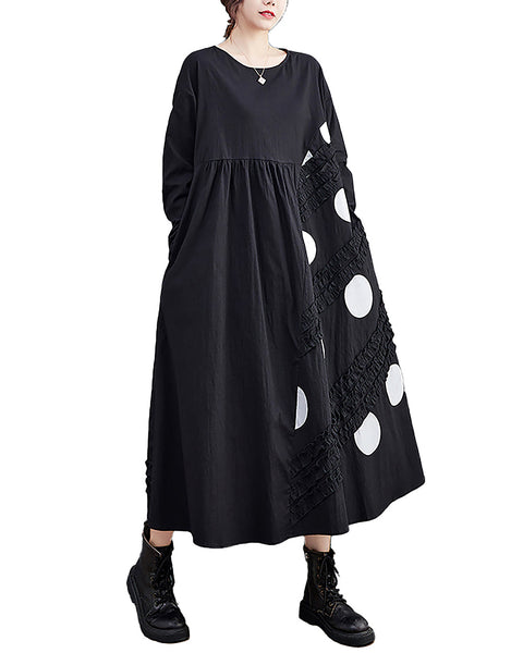 Women's Dress Crewneck Long Sleeve Flowy Hem Patchwork Dots Below Knee Loose Oversize Fall GZ277