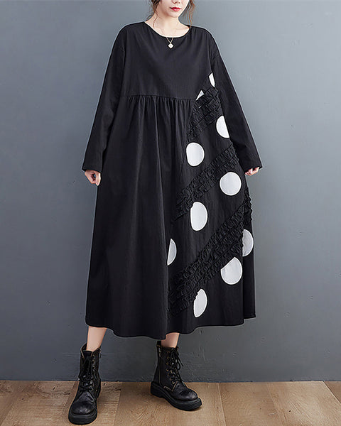 Women's Dress Crewneck Long Sleeve Flowy Hem Patchwork Dots Below Knee Loose Oversize Fall GZ277