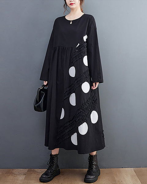 Women's Dress Crewneck Long Sleeve Flowy Hem Patchwork Dots Below Knee Loose Oversize Fall GZ277