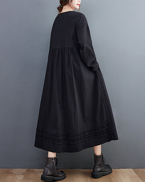 Women's Dress Crewneck Long Sleeve Flowy Hem Patchwork Dots Below Knee Loose Oversize Fall GZ277