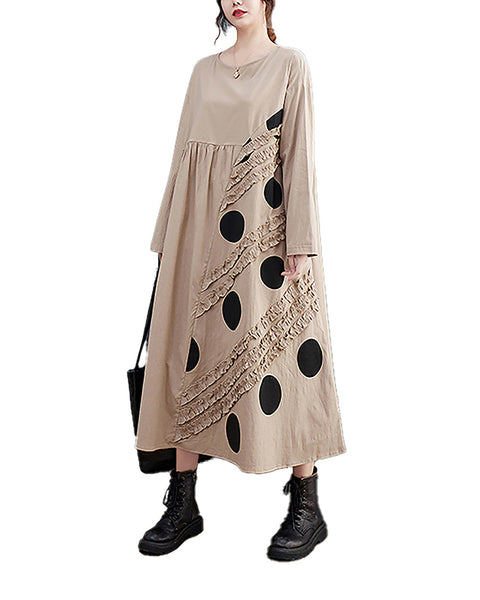 Women's Dress Crewneck Long Sleeve Flowy Hem Patchwork Dots Below Knee Loose Oversize Fall GZ277