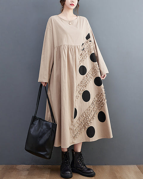 Women's Dress Crewneck Long Sleeve Flowy Hem Patchwork Dots Below Knee Loose Oversize Fall GZ277