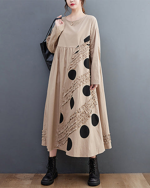Women's Dress Crewneck Long Sleeve Flowy Hem Patchwork Dots Below Knee Loose Oversize Fall GZ277