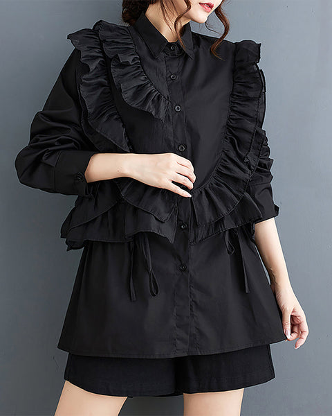 Women's Shirt Lapel Button Down Long Sleeve Flowy Hem Solid Color Lace Loose Oversize Fall GZ281