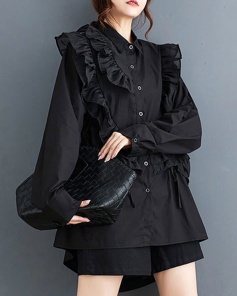 Women's Shirt Lapel Button Down Long Sleeve Flowy Hem Solid Color Lace Loose Oversize Fall GZ281