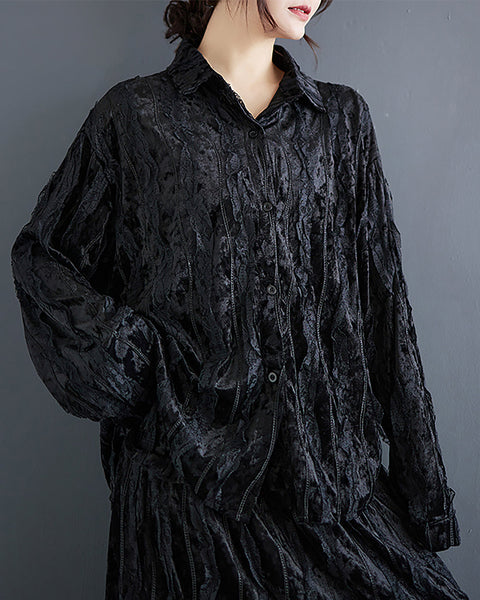 Women's Shirt Long Sleeve Lapel Button Down Black Top Loose Oversize Fall Winter GZ289