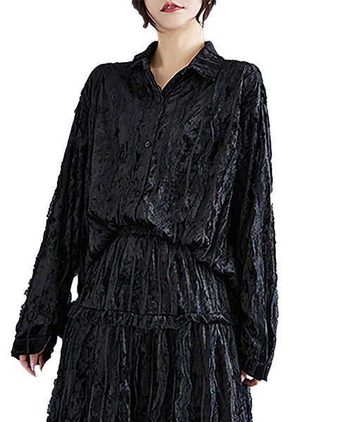 Women's Shirt Long Sleeve Lapel Button Down Black Top Loose Oversize Fall Winter GZ289