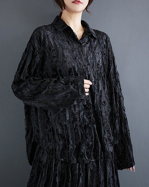 Women's Shirt Long Sleeve Lapel Button Down Black Top Loose Oversize Fall Winter GZ289