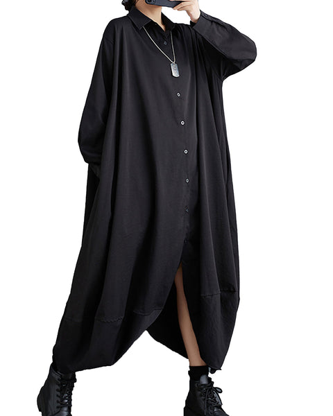 Women's Shirt Dress Long Sleeve Lapel Button Down Solid Color Irregular Hem Loose GZ318