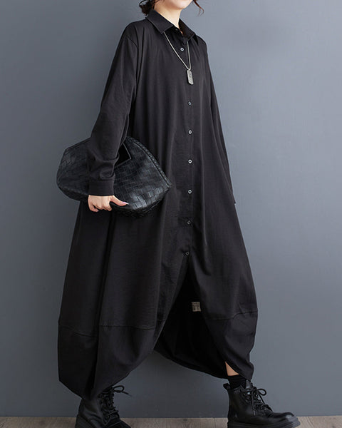 Women's Shirt Dress Long Sleeve Lapel Button Down Solid Color Irregular Hem Loose GZ318