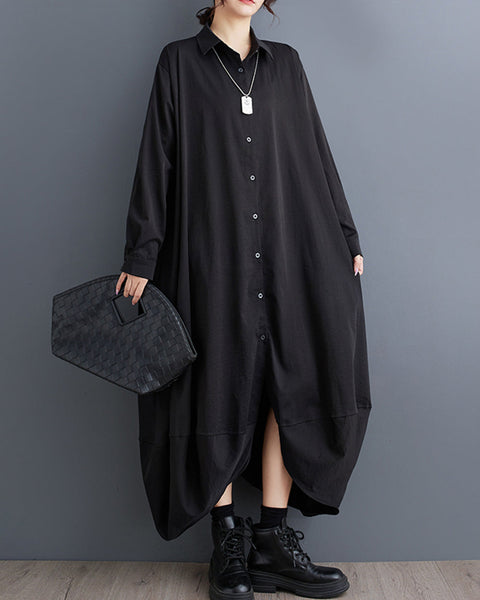 Women's Shirt Dress Long Sleeve Lapel Button Down Solid Color Irregular Hem Loose GZ318