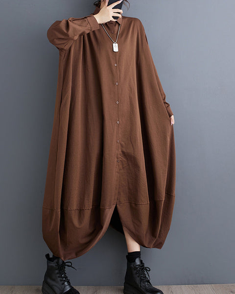 Women's Shirt Dress Long Sleeve Lapel Button Down Solid Color Irregular Hem Loose GZ318