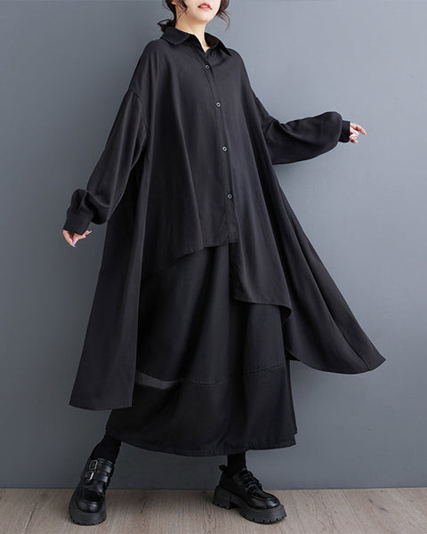 ellazhu Women's Long Sleeve Lapel Button Down Solid Color Irregular Hem Loose Shirt GZ319 Black
