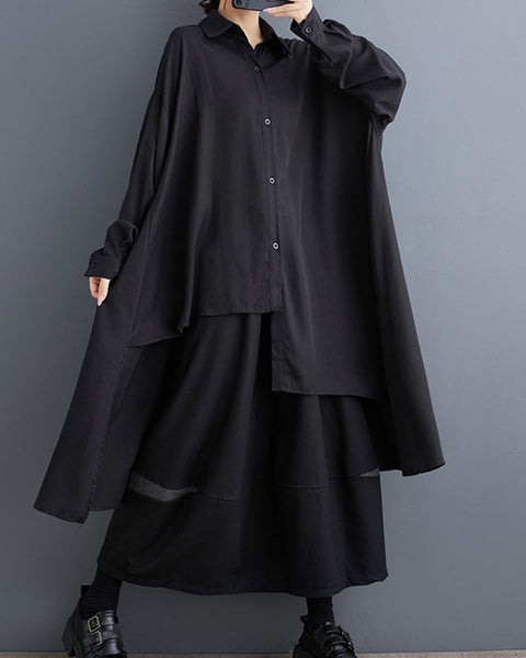 ellazhu Women's Long Sleeve Lapel Button Down Solid Color Irregular Hem Loose Shirt GZ319 Black