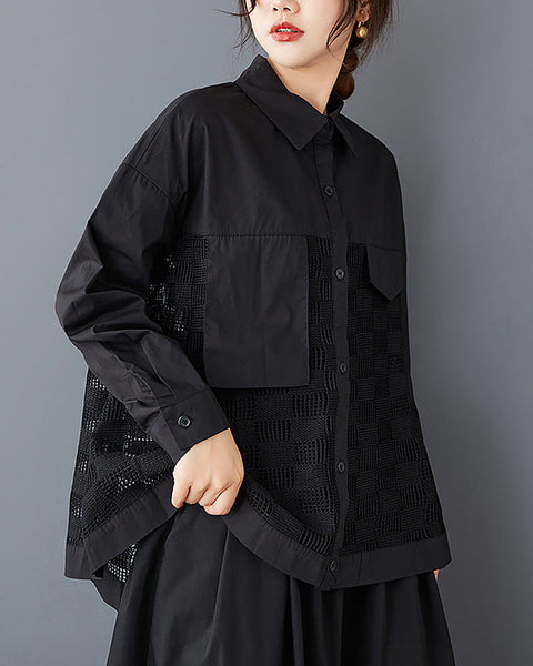 ellazhu Women's Shirt Button Down Lapel Long Sleeve Patchwork Hollow High Low Hem Loose Oversize GZ324
