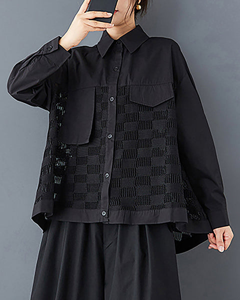 ellazhu Women's Shirt Button Down Lapel Long Sleeve Patchwork Hollow High Low Hem Loose Oversize GZ324