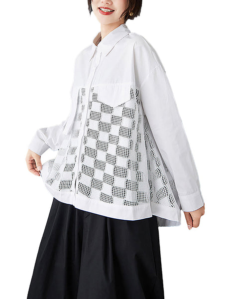 ellazhu Women's Shirt Button Down Lapel Long Sleeve Patchwork Hollow High Low Hem Loose Oversize GZ324