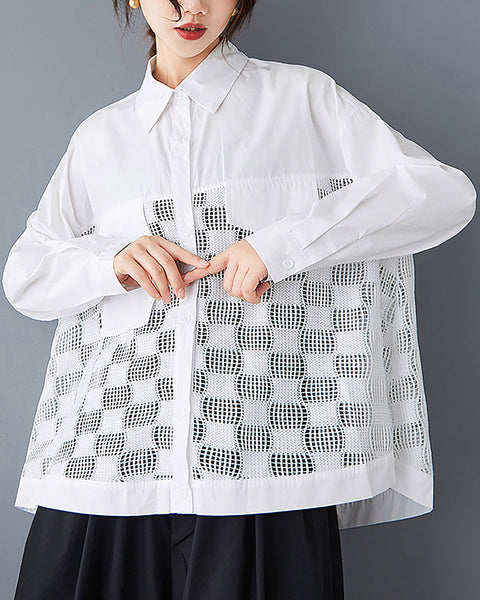 ellazhu Women's Shirt Button Down Lapel Long Sleeve Patchwork Hollow High Low Hem Loose Oversize GZ324