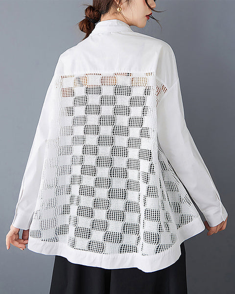 ellazhu Women's Shirt Button Down Lapel Long Sleeve Patchwork Hollow High Low Hem Loose Oversize GZ324