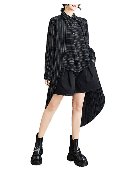 ellazhu Women's Shirt Lapel Flowy Asymmetrical Tops Strip Button Down Long Sleeve Casual Black GZ348 Black