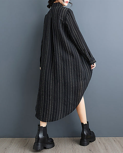 ellazhu Women's Shirt Lapel Flowy Asymmetrical Tops Strip Button Down Long Sleeve Casual Black GZ348 Black