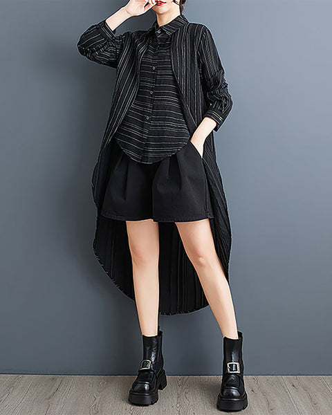 ellazhu Women's Shirt Lapel Flowy Asymmetrical Tops Strip Button Down Long Sleeve Casual Black GZ348 Black
