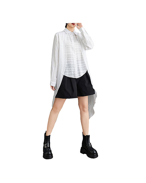 ellazhu Women's Shirt Lapel Flowy Asymmetrical Tops Strip Button Down Long Sleeve Casual Black GZ348 Black