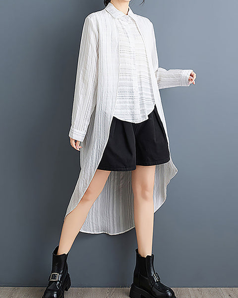 ellazhu Women's Shirt Lapel Flowy Asymmetrical Tops Strip Button Down Long Sleeve Casual Black GZ348 Black