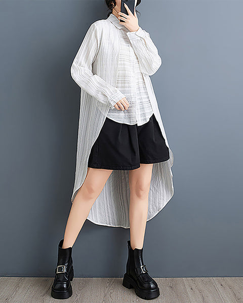 ellazhu Women's Shirt Lapel Flowy Asymmetrical Tops Strip Button Down Long Sleeve Casual Black GZ348 Black