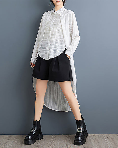 ellazhu Women's Shirt Lapel Flowy Asymmetrical Tops Strip Button Down Long Sleeve Casual Black GZ348 Black