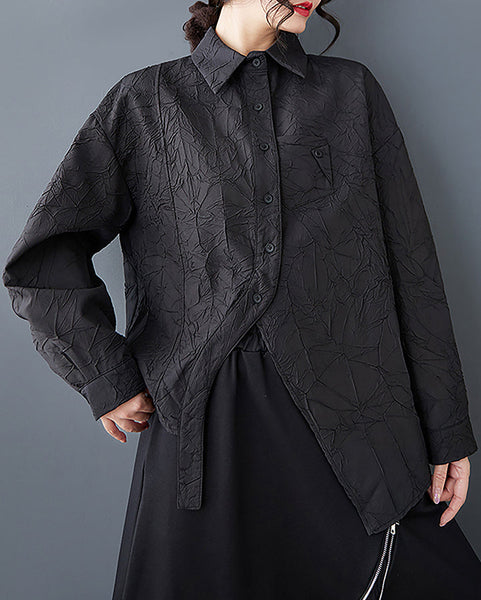 ellazhu Women's Shirt Long Sleeve Lapel Solid Split Asymmetrical Hem Tops Button Up Casual Loose Baggy GZ357 Black