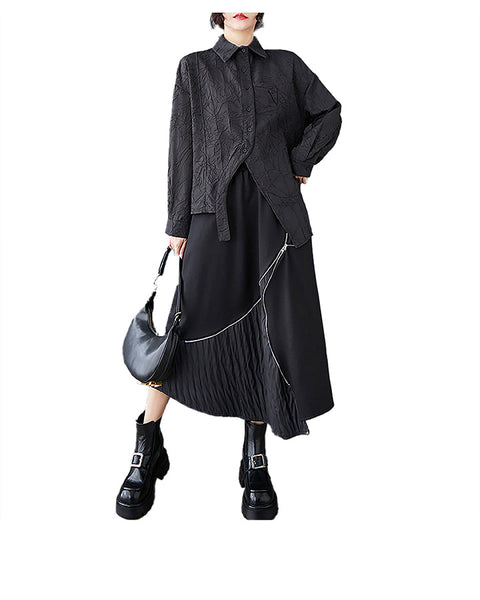 ellazhu Women's Shirt Long Sleeve Lapel Solid Split Asymmetrical Hem Tops Button Up Casual Loose Baggy GZ357 Black